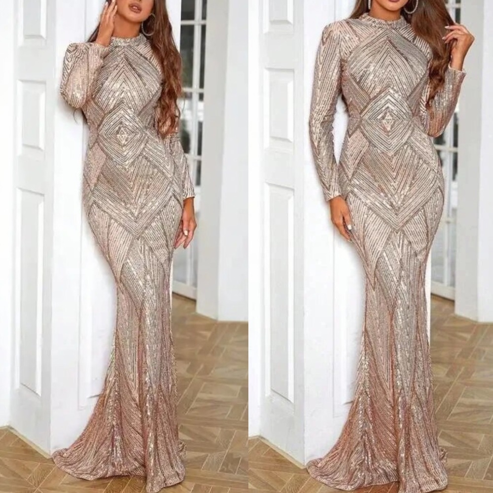 Luxe mermaid hem long sleeve sequins party dress - Picture 1 of 8